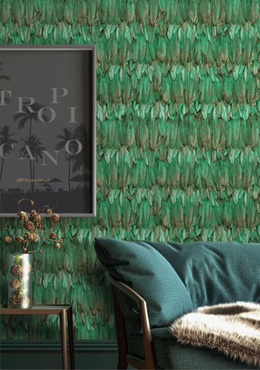 Modern Bird Feather Patterned Wallpaper Green- Jumbo Roll 16.5 sq mtr - Image 2