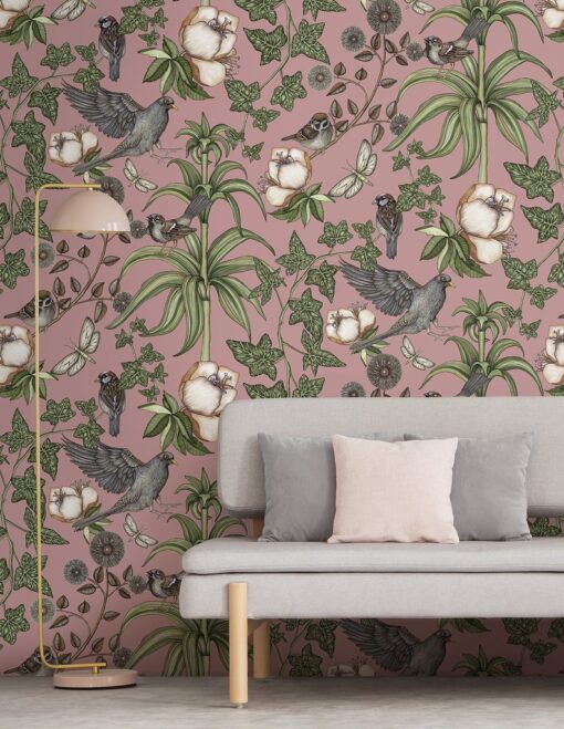 Birds And Green Flowers Wallmural