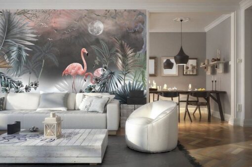 Botanic Mystical Night Moon and Flamingos Wallmural - Image 3