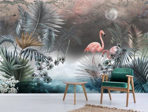 Botanic Mystical Night Moon and Flamingos Wallmural