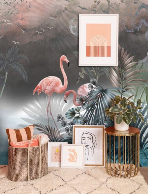 Botanic Mystical Night Moon and Flamingos Wallmural - Image 2