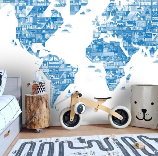 White Background Blue World Map Wallmural - Image 4