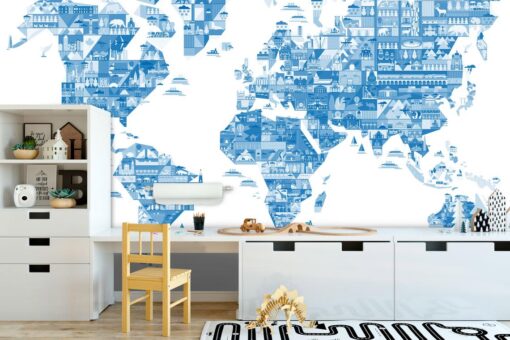 White Background Blue World Map Wallmural