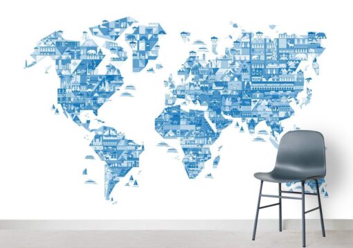 White Background Blue World Map Wallmural - Image 3