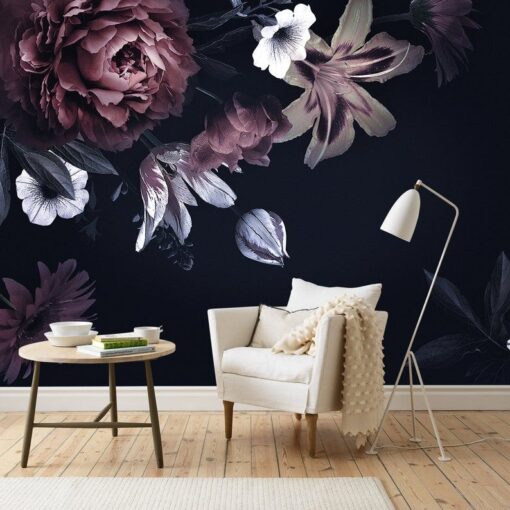 Black Back Ground Flowers Wallmural