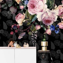 Black Colourful Flowers Wallmural