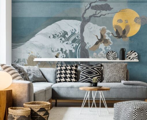 Japanese Wave Crane Birds Wallpaper Wallmural