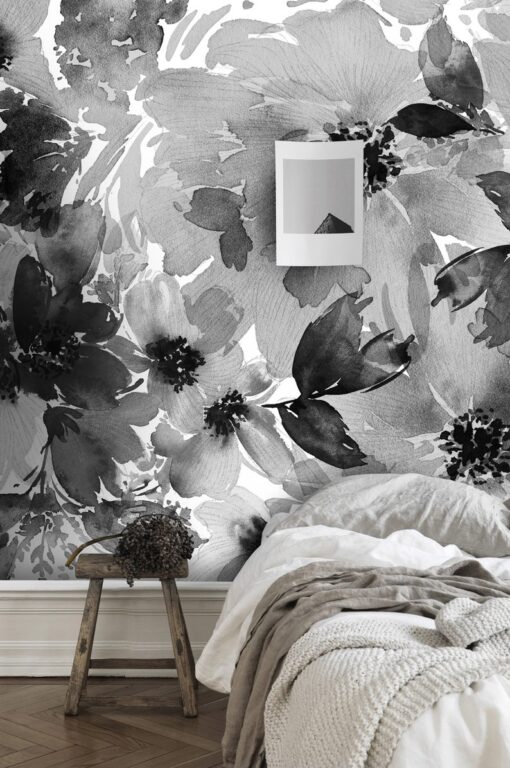 Watercolor Black and White Flowers Wallpaper Wallmural