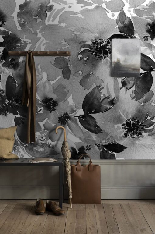 Watercolor Black and White Flowers Wallpaper Wallmural - Image 2