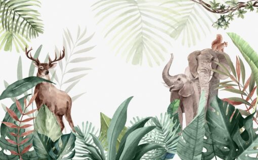 Tropic Leaves Elephants and Deer Wallmural - Image 2