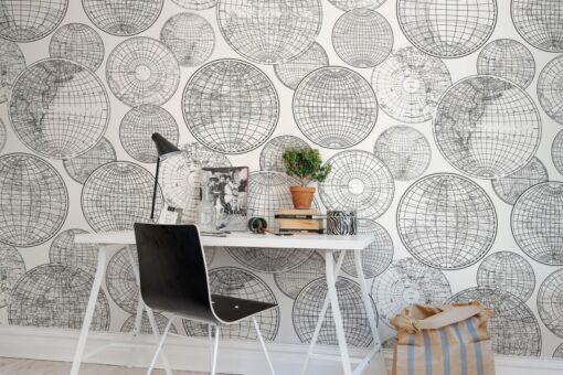 Globes Gathering, Black and White Wallmural - Premium