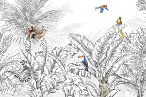 FJ307 Serie | Animals And Palm Leaves Pattern Mural Wallpaper White - Image 2