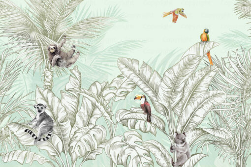 FJ307-3 Serie | Animals And Palm Leaves Pattern Mural Wallpaper Green - Image 2