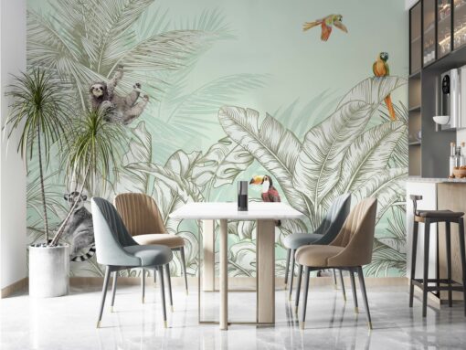 FJ307-3 Serie | Animals And Palm Leaves Pattern Mural Wallpaper Green