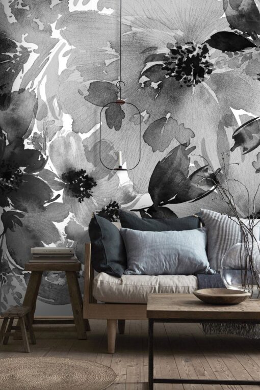 Watercolor Black and White Flowers Wallpaper Wallmural - Image 4