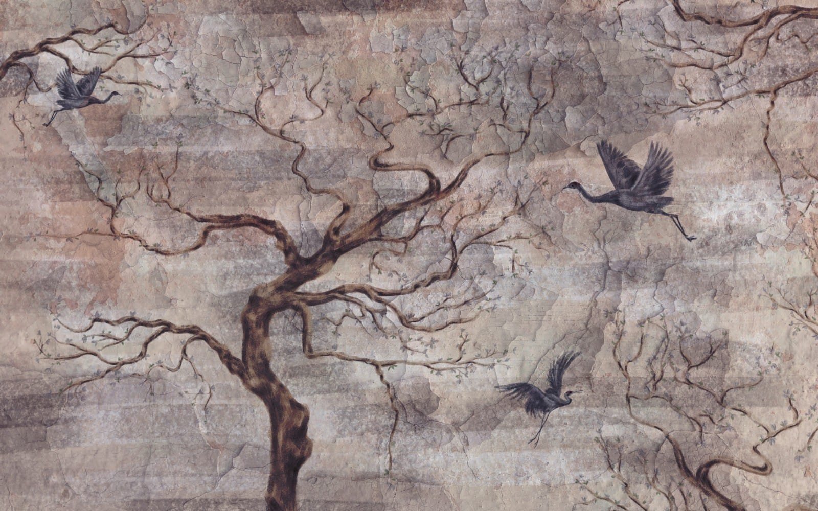 Natural Colors Vintage Theme Trees And Birds Wallmural - Image 2