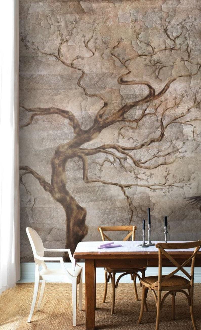 Natural Colors Vintage Theme Trees And Birds Wallmural - Image 4