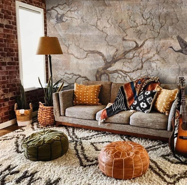 Natural Colors Vintage Theme Trees And Birds Wallmural - Image 5