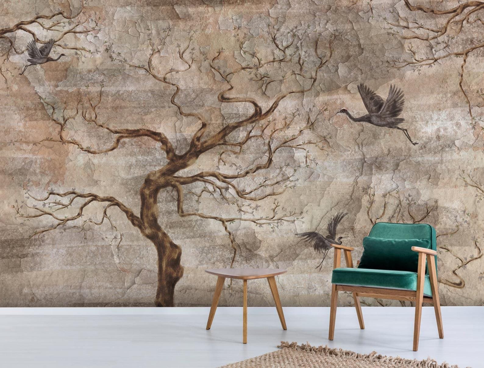 Natural Colors Vintage Theme Trees And Birds Wallmural - Image 6