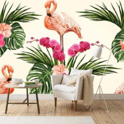 Tropical Leaves Flamingo Wallmural