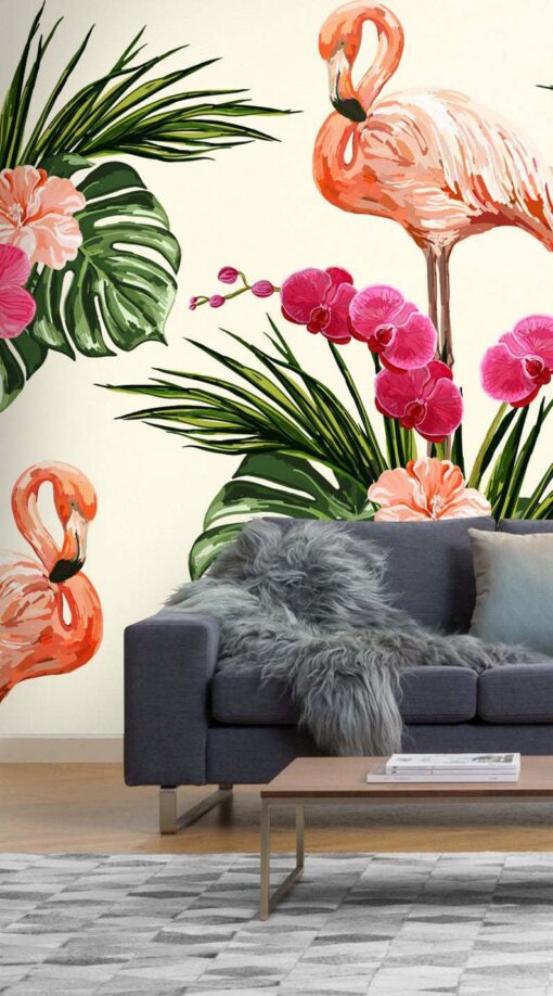 Tropical Leaves Flamingo Wallmural - Image 3